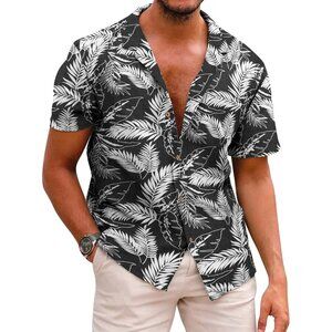 Men's Black Hawaiian Floral Shirt Cotton Linen Button Down Tropical Beach Shirt